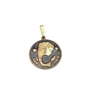 Ave Maria Black Enamel Pendant Charm Gold Tone Vintage